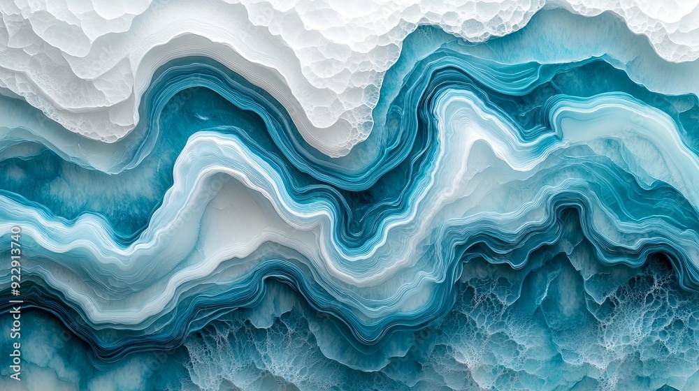 Envision a distinctive artwork of wavy resin sheets in turquoise and white, with a marbleized texture and macro zoom. The large-scale canvas symbolizes an abstract ocean shoreline, with intricate Envision a distinctive artwork of wavy resin sheets in turquoise and white, with a marbleized texture and macro zoom. The large-scale canvas symbolizes an abstract ocean shoreline, with intricate