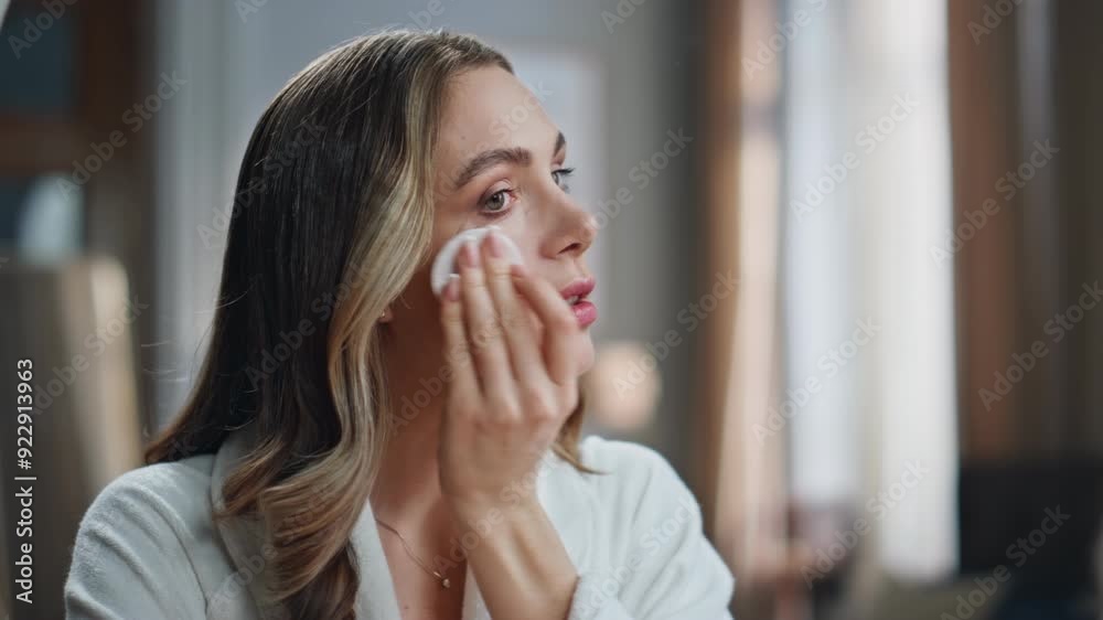 Calm lady cleaning face in bathroom closeup. Confident woman holding cotton pad Calm lady cleaning face in bathroom closeup. Confident woman holding cotton pad