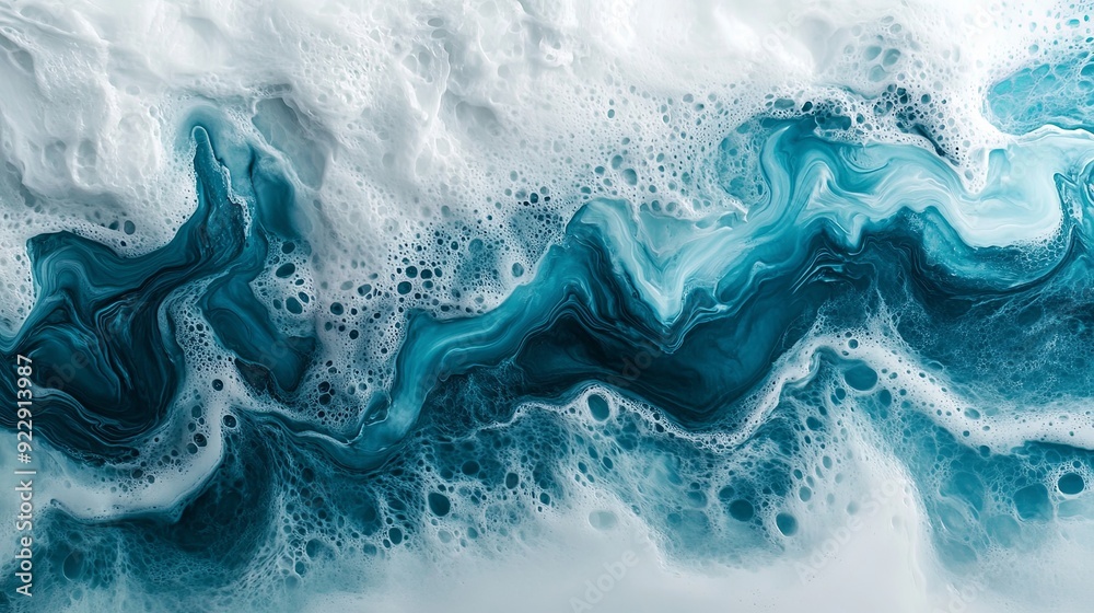 Naklejka premium Design an elegant painting of wavy resin sheets in turquoise and white, marbleized and captured in macro zoom. The large-scale canvas represents an abstract ocean shoreline, detailed and presented on
