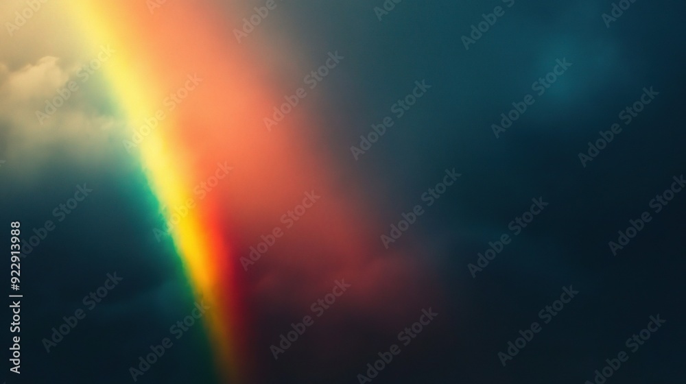 Fototapeta premium Rainbow's Embrace: A vibrant rainbow pierces through a dramatic sky of stormy clouds, a symbol of hope and beauty after the storm.