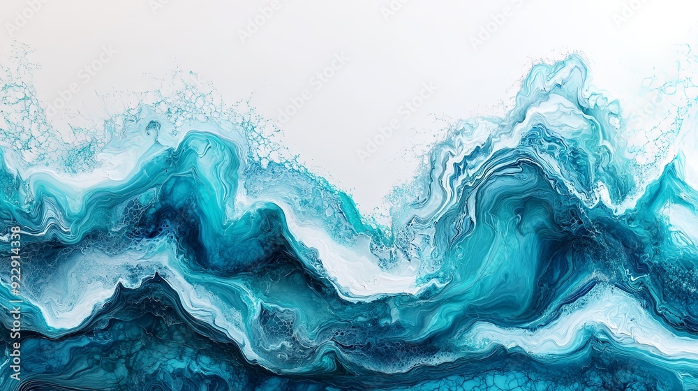 Visualize an artistic painting of wavy resin sheets in turquoise and white, marbleized and zoomed in. The large-scale canvas illustrates an abstract ocean shoreline, detailed on a white flat Visualize an artistic painting of wavy resin sheets in turquoise and white, marbleized and zoomed in. The large-scale canvas illustrates an abstract ocean shoreline, detailed on a white flat