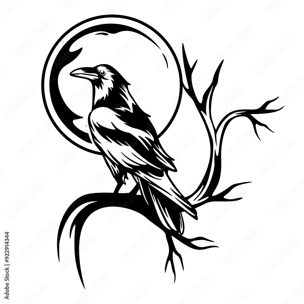 Raven | Night Raven | Black Bird | Halloween | Raven under a Full moon | Crow | Gothic | Full-moon Night with Crow | Original Illustration | Vector and Clipart | Cutfile and Stencil