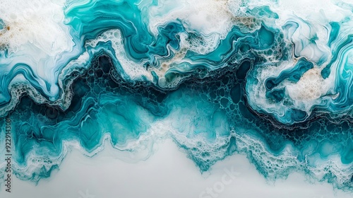 Envision a celebrated artwork portraying wavy resin sheets with turquoise and white hues, marbleized in a macro zoom perspective. This large-scale canvas symbolizes an abstract ocean shoreline,