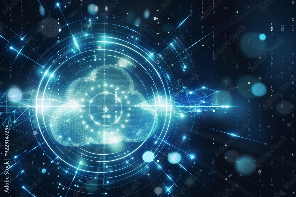 Futuristic cloud icon with glowing blue lights on a dark digital background, representing cloud computing, big data, and AI in 3D rendering. Futuristic cloud icon with glowing blue lights on a dark digital background, representing cloud computing, big data, and AI in 3D rendering.