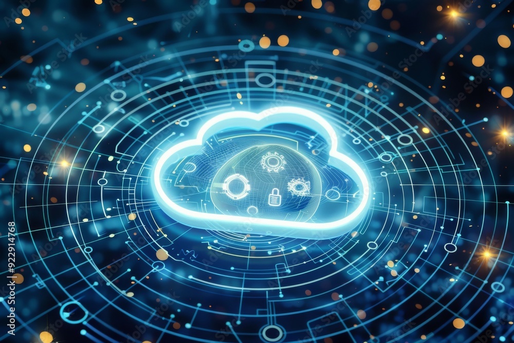 Futuristic cloud icon with glowing blue lights on a dark digital background, representing cloud computing, big data, and AI in 3D rendering. Futuristic cloud icon with glowing blue lights on a dark digital background, representing cloud computing, big data, and AI in 3D rendering.
