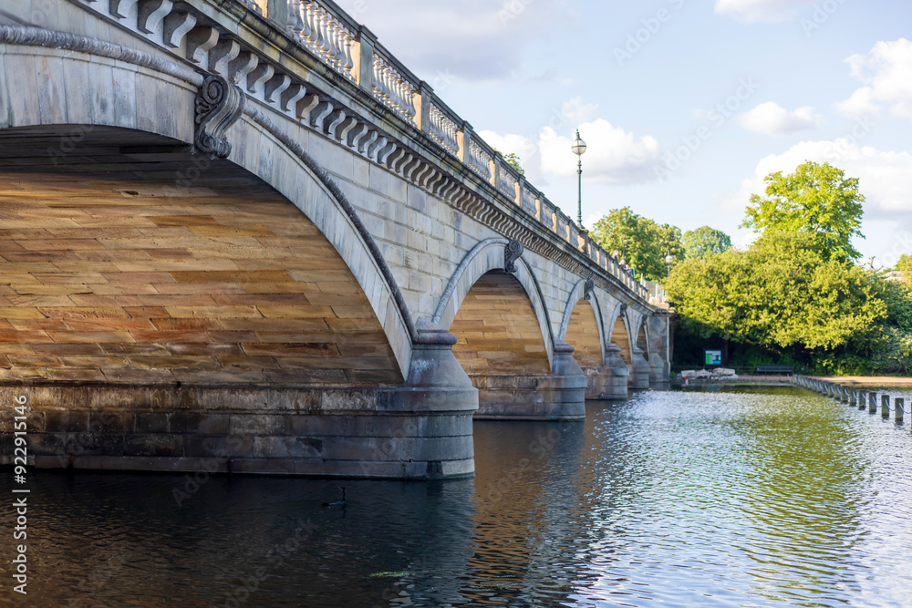 A detailed view of the arches beneath a historic bridge over tranquil waters in a London park A detailed view of the arches beneath a historic bridge over tranquil waters in a London park