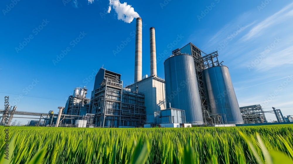 Industrial Powerhouse: A towering power plant stands tall against a backdrop of vibrant green fields, symbolizing the energy that fuels our world. The smoke plume rising from its chimney evokes both t Industrial Powerhouse: A towering power plant stands tall against a backdrop of vibrant green fields, symbolizing the energy that fuels our world. The smoke plume rising from its chimney evokes both t