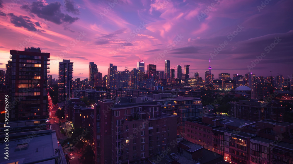 Obraz premium Urban Magic: Captivating Twilight Cityscape Viewed from Rooftop Bar