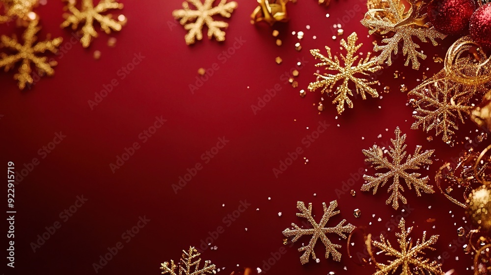 Golden Snowflakes on Crimson: A festive red backdrop with a sprinkle of gold glitter, framed by golden snowflakes and ornaments, evoking the warmth and sparkle of the holiday season. Golden Snowflakes on Crimson: A festive red backdrop with a sprinkle of gold glitter, framed by golden snowflakes and ornaments, evoking the warmth and sparkle of the holiday season.