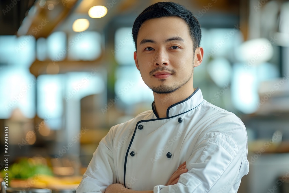 Naklejka premium Photo of young Asian male chef on background with generative ai