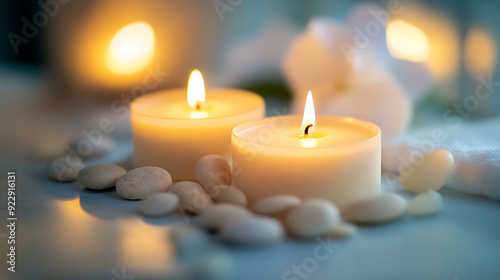 Two candles are lit on a table with white rocks in between them