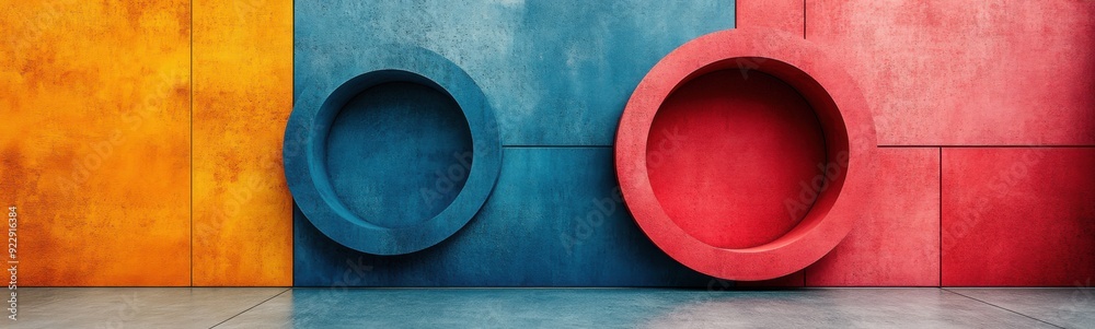 Brightly colored concrete wall with oval shapes in a room, Banner, Copy space