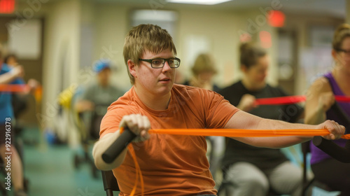 Determined individual with muscular dystrophy participating in group fitness class with resistance band exercises photo