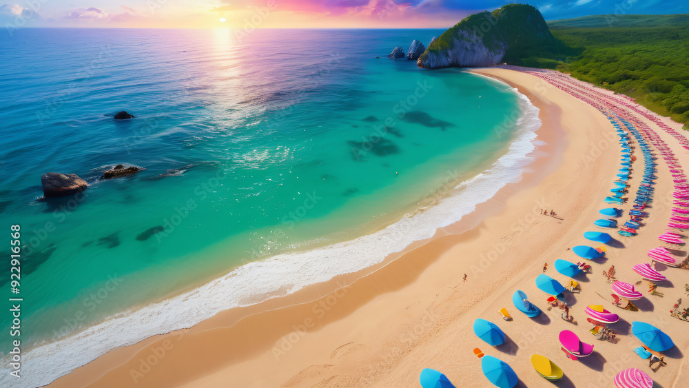Obraz premium Sun-kissed shoreline framed by swaying palms, turquoise waves crashing on powdery sand beneath a vibrant sky