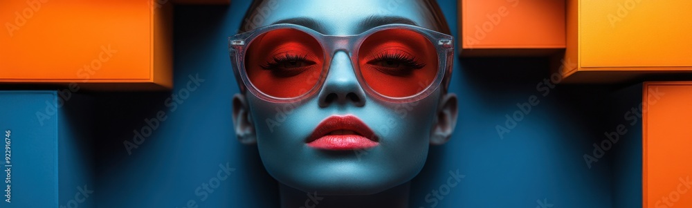 Brightly colored of a woman with red glasses and a blue background, Creative portrait, Sale discount concept, Banner, Copy space Brightly colored of a woman with red glasses and a blue background, Creative portrait, Sale discount concept, Banner, Copy space