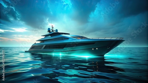 Futuristic vessel in dark aquamarine and navy colors floating in the ocean, Futuristic, Vessel, Ocean, Cinematic, Elegance photo