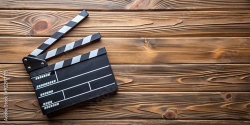 Clapperboard on wooden background for video production and film industry , movie, series, production, filmmaking, slate