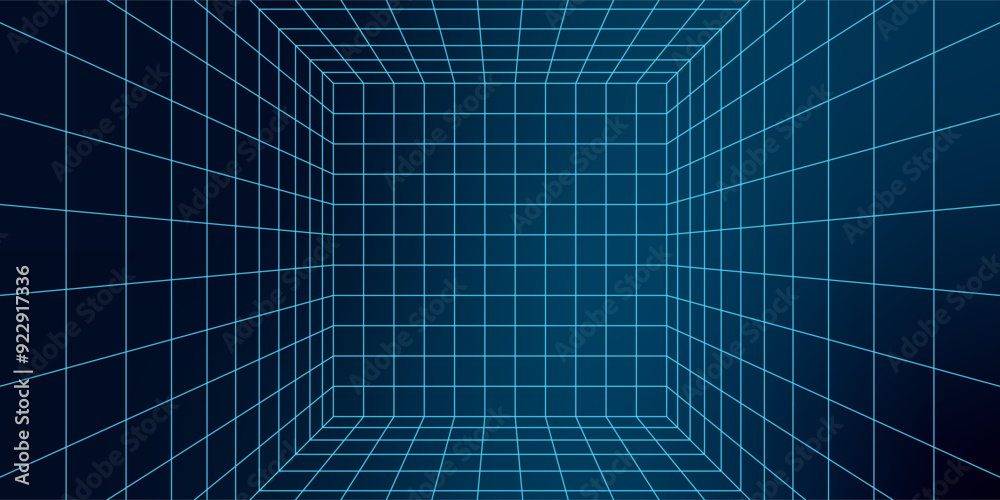 Abstract 3D mesh grid creating a geometric wireframe structure. Minimalistic y2k design with neon blue lines that form a retro futuristic, cyberpunk-inspired space. Digital art element.
