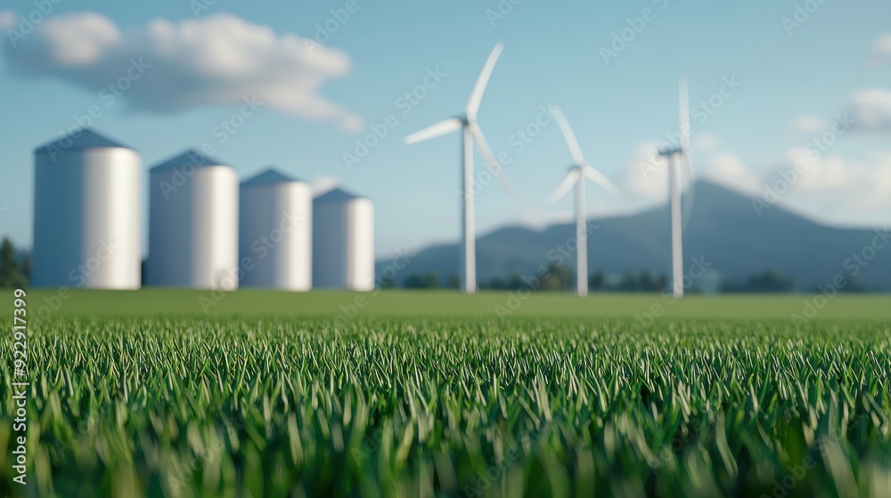 Green Grass Blades with Wind Turbines in the Background. Green Grass Blades with Wind Turbines in the Background.
