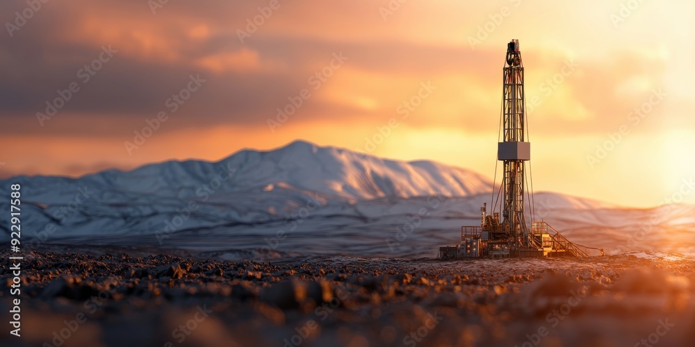 Obraz premium Oil Rig at Sunset in the Mountains.