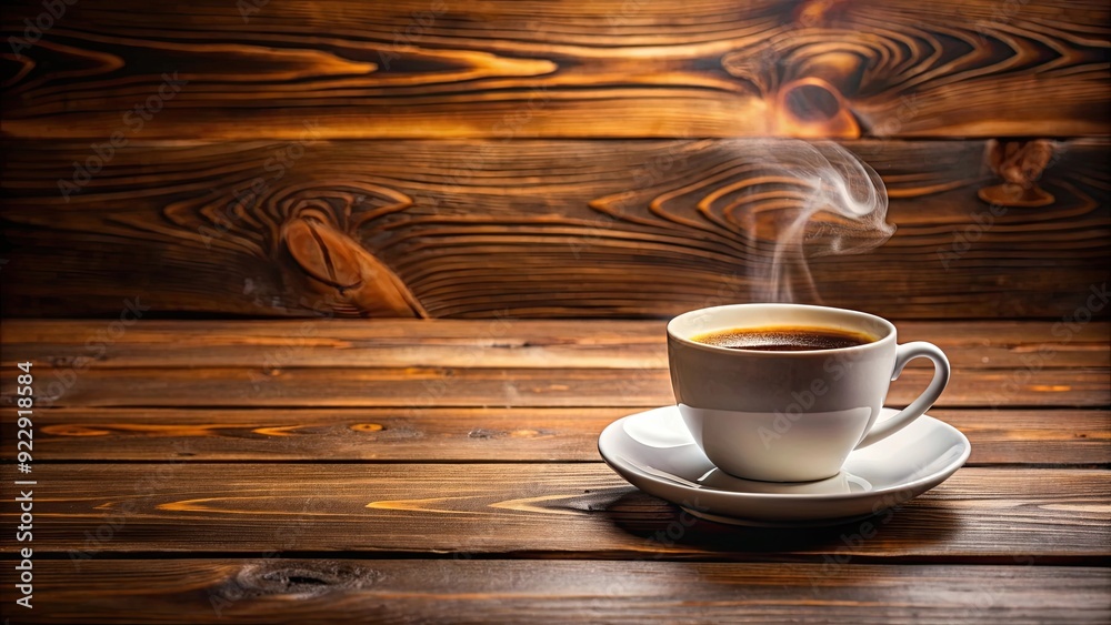 Obraz premium Hot cup of coffee on wooden table , coffee, hot drink, beverage, morning, aroma, caffeine, mug, steam, relaxation, refreshing