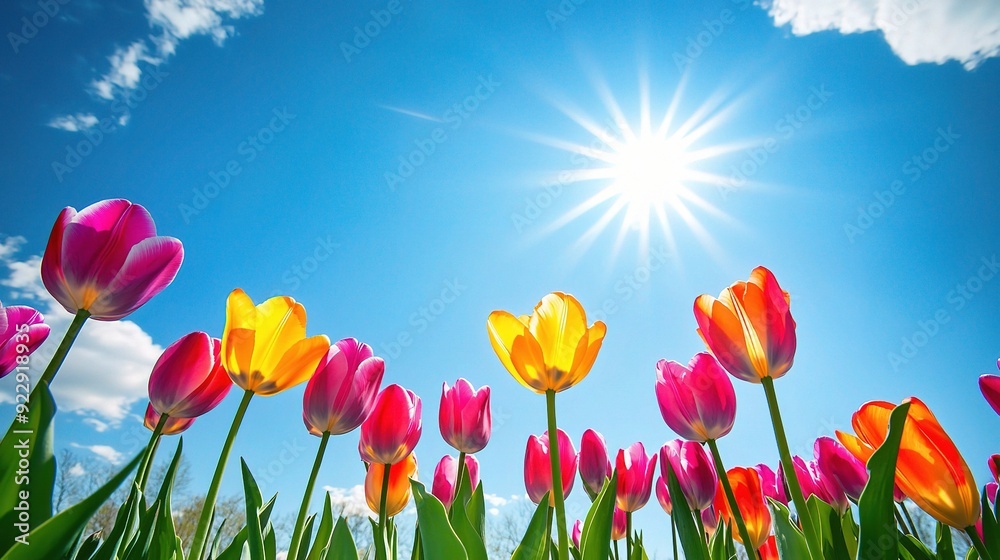 Tulips Reaching for the Sun: Vibrant blooms bathe in the warm glow of a perfect spring day Tulips Reaching for the Sun: Vibrant blooms bathe in the warm glow of a perfect spring day