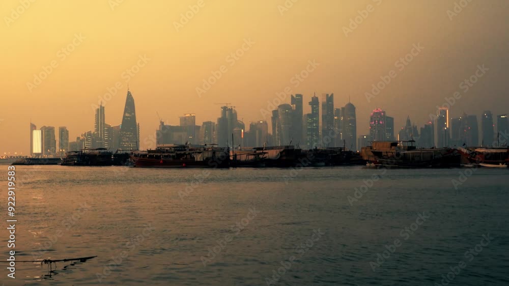 Doha, Qatar - Urban Skyline and traditional boats by sunset Doha, Qatar - Urban Skyline and traditional boats by sunset