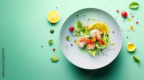 Exquisite Watercolor Seafood Plate with Lemon and Flowers, Gourmet Presentation Flat Design Illustration with Copy Space