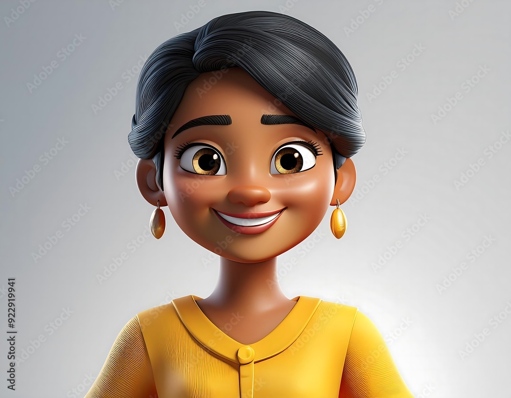 Smiling Indian cartoon character young woman female girl person portrait wearing yellow dress in 3d style design on light background Smiling Indian cartoon character young woman female girl person portrait wearing yellow dress in 3d style design on light background