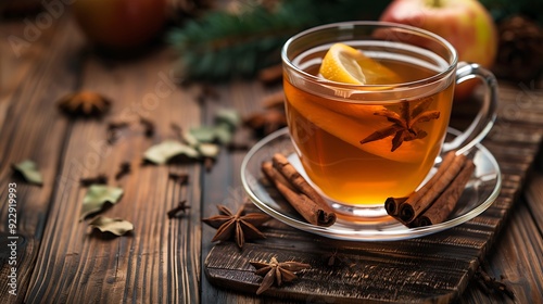 Apple cider with cinnamon sticks on a old wooden table