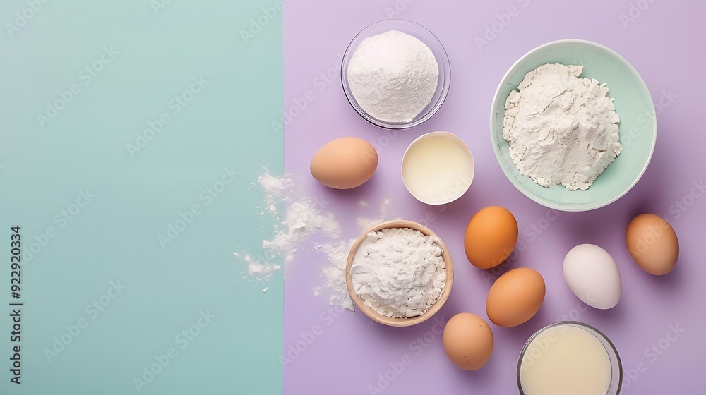 Baking ingredients flour milk and eggs on pastel turquoise on purple background Baking ingredients flour milk and eggs on pastel turquoise on purple background