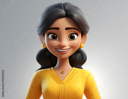 Smiling Indian cartoon character young woman female girl person portrait wearing yellow dress in 3d style design on light background