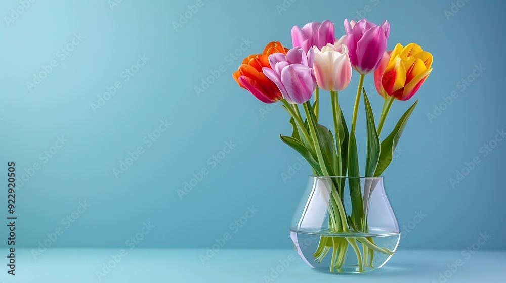 Beautiful and colorful tulips in a glass vase on blue background Beautiful and colorful tulips in a glass vase on blue background