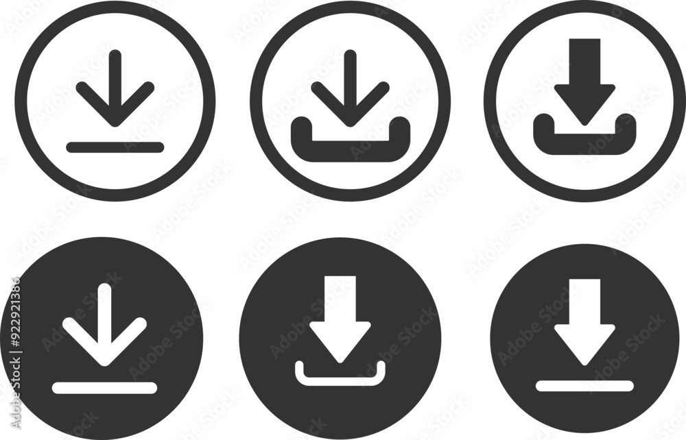 Set of Simple Download icons sign. Group of Download web button. collection Upload button. Load symbol. Round Vector illustration.