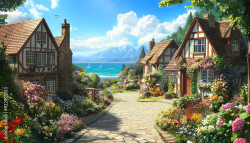 Digital painting, village in the mountains