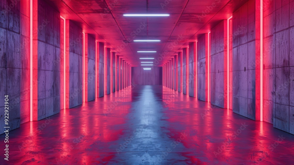 Generate an image of a stylish concrete corridor bathed in red neon lights, creating a contemporary vibe Generate an image of a stylish concrete corridor bathed in red neon lights, creating a contemporary vibe