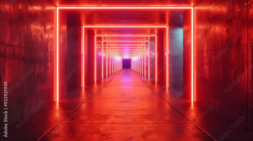 Generate an image of a stylish concrete corridor bathed in red neon lights, creating a contemporary vibe Generate an image of a stylish concrete corridor bathed in red neon lights, creating a contemporary vibe