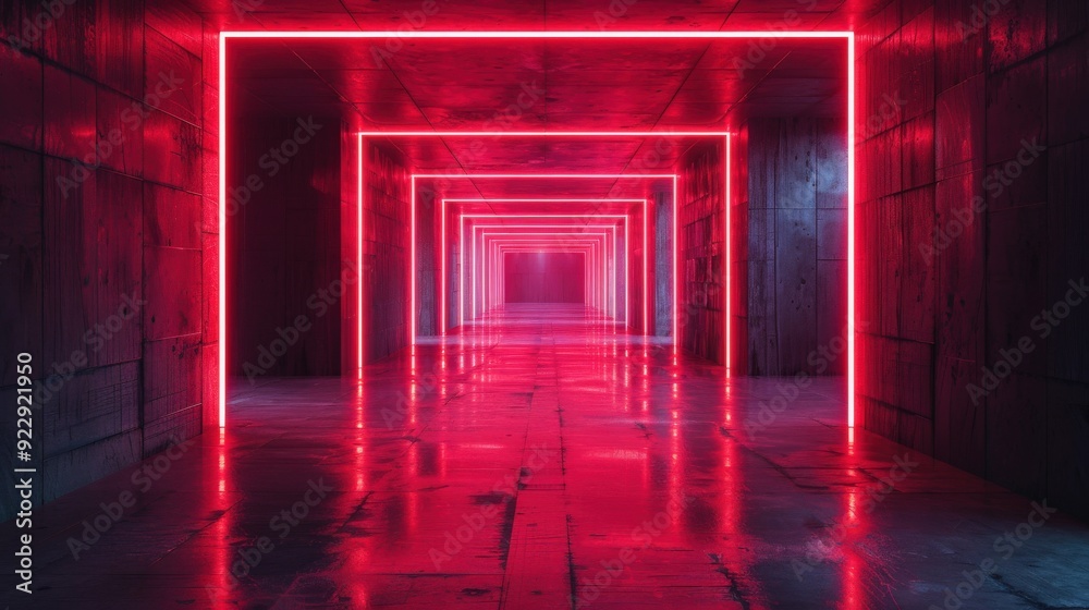 Craft a visual of red neon lights illuminating a modern concrete corridor, evoking a futuristic atmosphere Craft a visual of red neon lights illuminating a modern concrete corridor, evoking a futuristic atmosphere