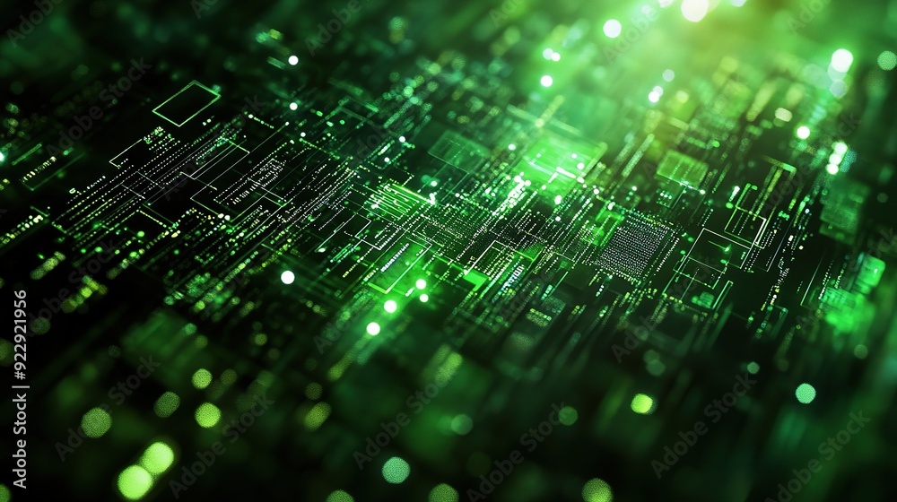The Glowing Network: Abstract close-up of a digital circuit board glowing with green light. A mesmerizing representation of technology, connectivity, and the digital age. The Glowing Network: Abstract close-up of a digital circuit board glowing with green light. A mesmerizing representation of technology, connectivity, and the digital age.