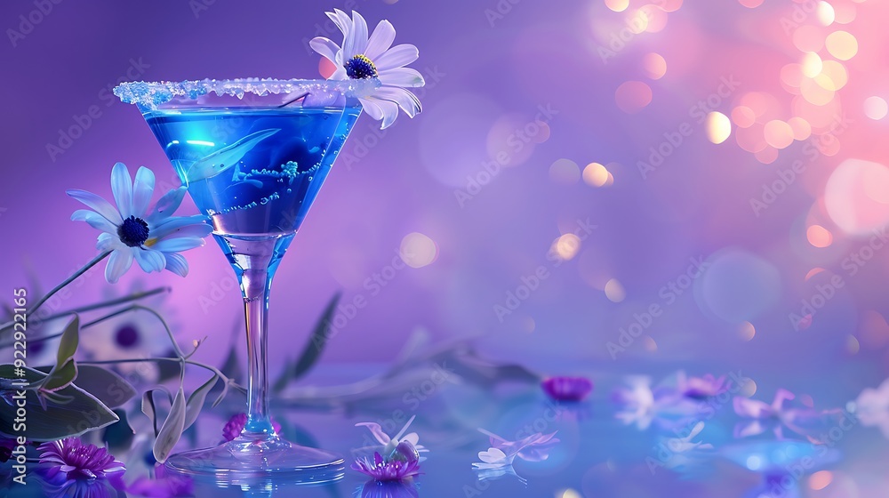blue cocktail in a transparent glass and decorated with flowers on purple background blue cocktail in a transparent glass and decorated with flowers on purple background