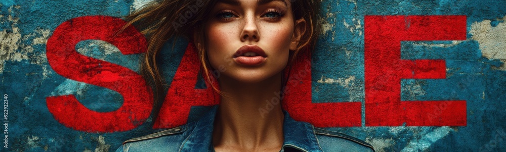Woman with a denim jacket on, Sale discount concept Woman with a denim jacket on, Sale discount concept