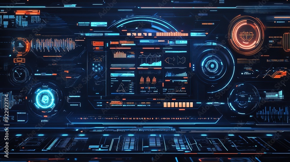 Cybernetic Command Center: A futuristic HUD interface displays complex data visualizations in a high-tech environment. Cybernetic Command Center: A futuristic HUD interface displays complex data visualizations in a high-tech environment.