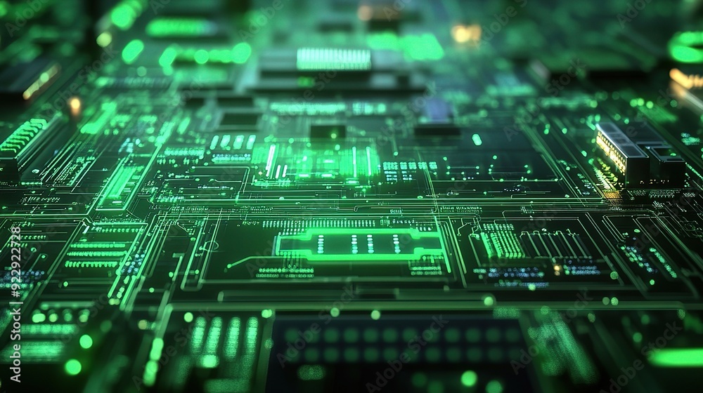 Digital Brain: A mesmerizing close-up of a futuristic circuit board, pulsating with green energy, reveals the intricate pathways of technology. 