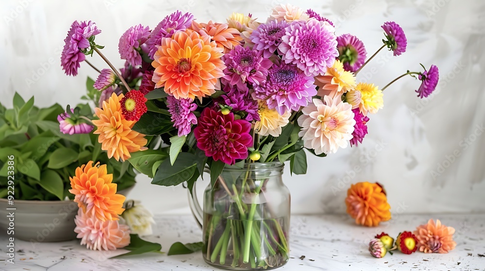 bright autumn bouquet of dahlias and asters on the table near the white wall rustic interior flowers in a glass vase bright autumn bouquet of dahlias and asters on the table near the white wall rustic interior flowers in a glass vase