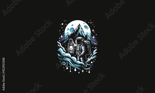 astronaut holding lantern on forest vector artwork design