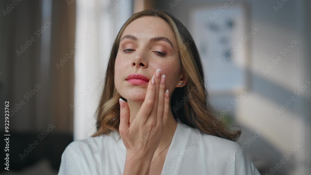 Portrait woman applying cosmetic cream in hotel. Young lady face moisturizing Portrait woman applying cosmetic cream in hotel. Young lady face moisturizing