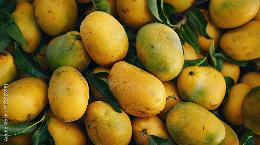 a close-up pile of yellow mangoes background. food product a close-up pile of yellow mangoes background. food product