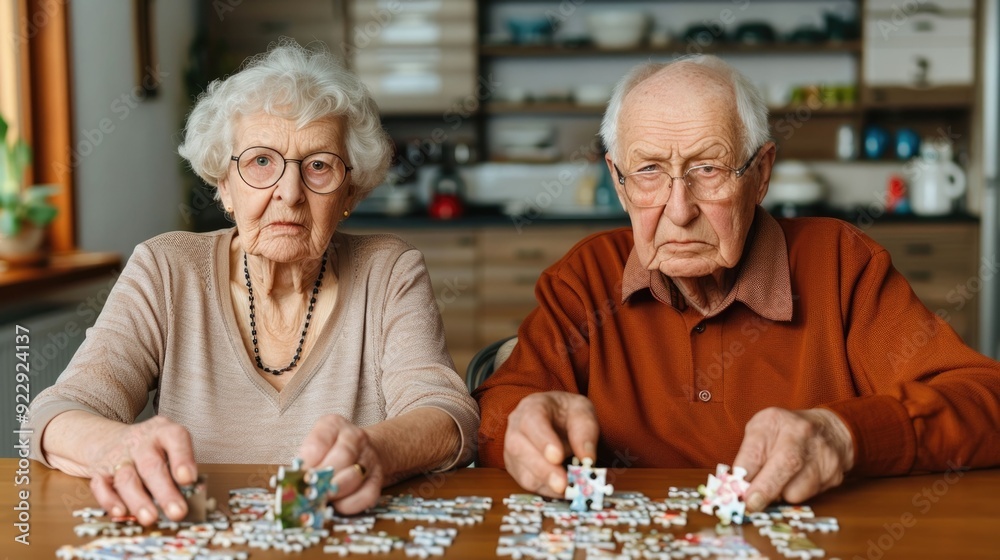Senior Couple Engaged in Puzzle Solving Activity for Brain Exercise and Cognitive Stimulation at the Dining Table in Their Home Senior Couple Engaged in Puzzle Solving Activity for Brain Exercise and Cognitive Stimulation at the Dining Table in Their Home