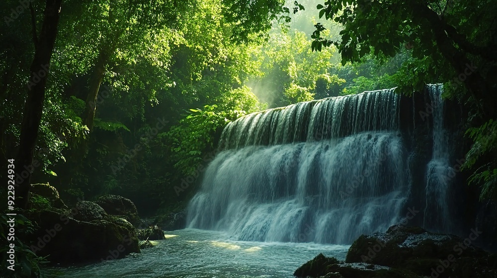 Cascading Serenity: A multi-tiered waterfall flows through a vibrant, sun-dappled rainforest, offering a tranquil escape into nature's beauty. Cascading Serenity: A multi-tiered waterfall flows through a vibrant, sun-dappled rainforest, offering a tranquil escape into nature's beauty.