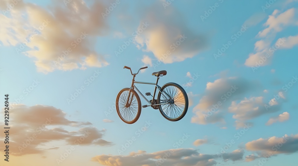 Fototapeta premium Floating Bicycle in Mid Air with Cloudy Sky Background